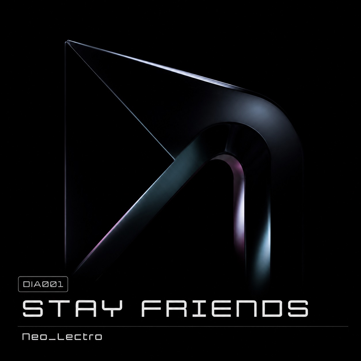 Minimalistisches Cover des Albums „Stay Friends“ von Neo_Lectro mit einer abstrakten, metallisch wirkenden Nahaufnahme des digitall.FM!-Logos vor tiefschwarzem Hintergrund und dezenten blauen sowie violetten Lichtreflexen.