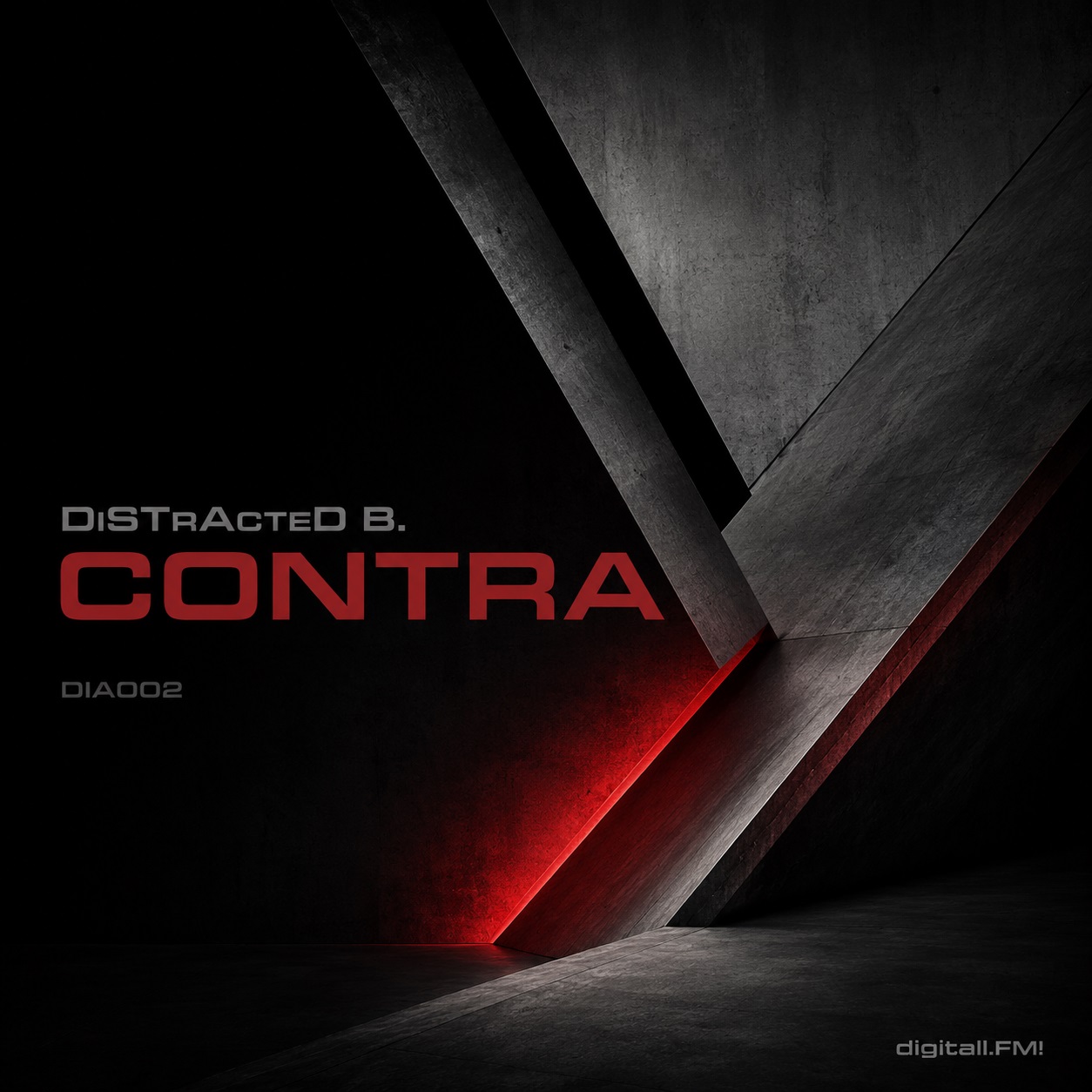 Minimalistisches Cover der EP „Contra“ von DiSTrActeD B. mit dunklen Betonflächen, einer starken diagonalen Bildachse, geometrischen Schwarz-Grau-Flächen und einem markanten roten Lichtakzent.