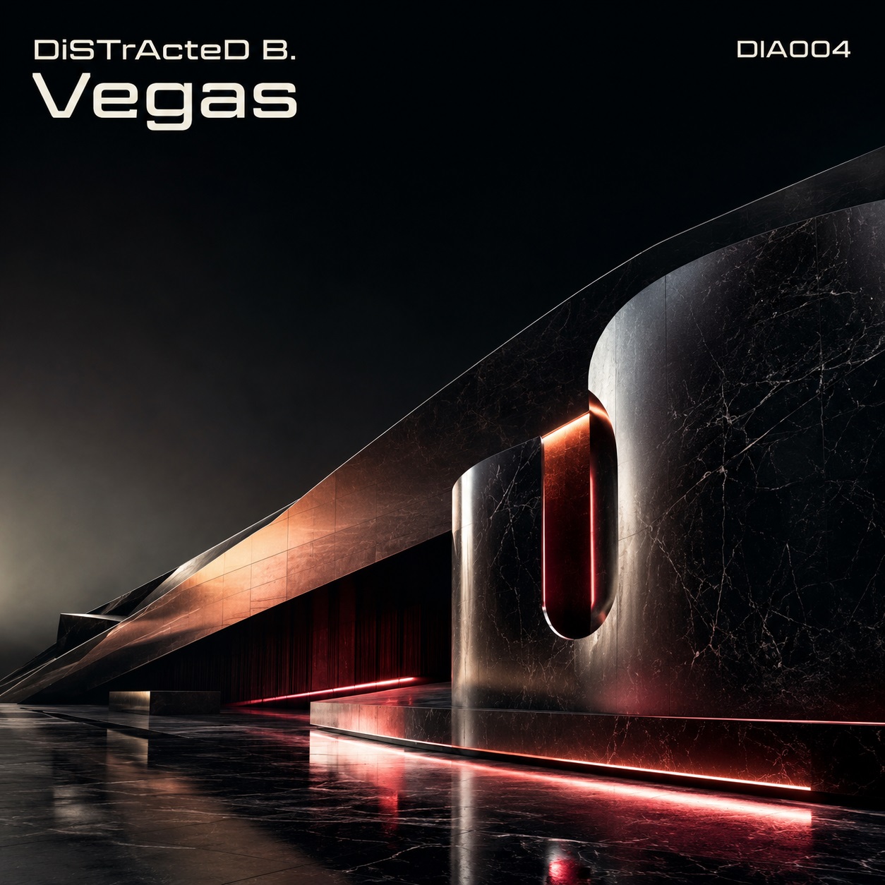 Dunkles futuristisches Cover für DiSTrActeD B. – Vegas mit geschwungener Architektur, spiegelndem Boden und roten Lichtakzenten.
