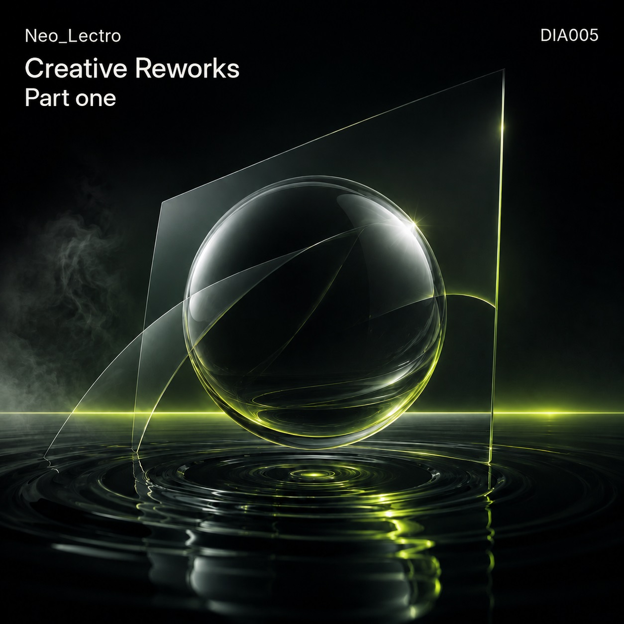 Dunkles futuristisches Cover für Neo_Lectro – Creative Reworks Part one mit schwebender Glaskugel, transparenten Formen, Wasserreflexionen und säuregelb-grünem Licht.
