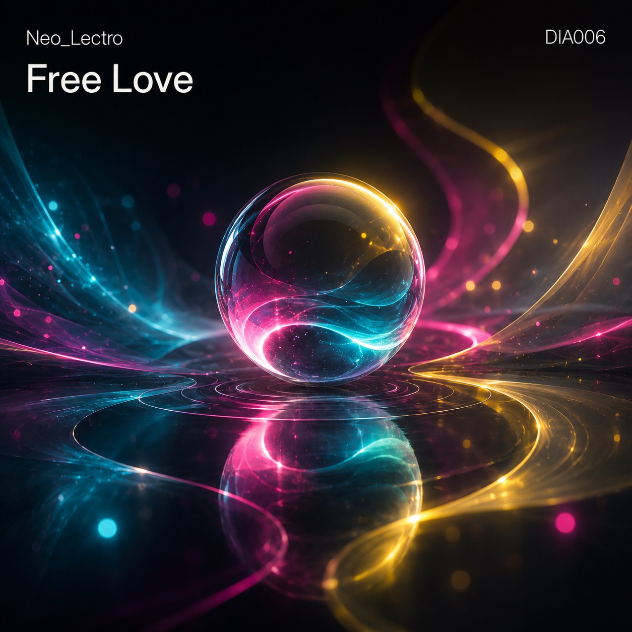 Farbenfrohes futuristisches Cover für Neo_Lectro – Free Love mit transparenter Glaskugel, fließenden Lichtbahnen in Cyan, Magenta und Gelb sowie glänzenden Reflexionen.