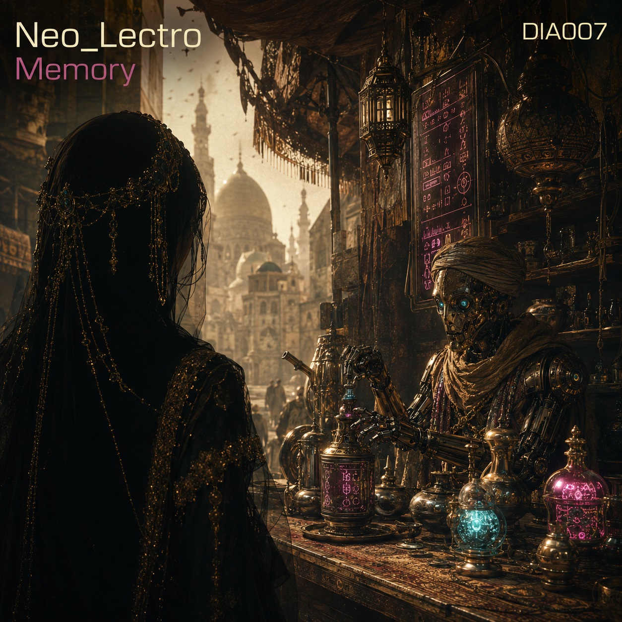 Retro-futuristisches Cover für Neo_Lectro – Memory mit schwarzer Hofdamen-Silhouette, Cyborg-Verkäufer und orientalisch inspirierter Marktstraße in warmem Sepia-Look.