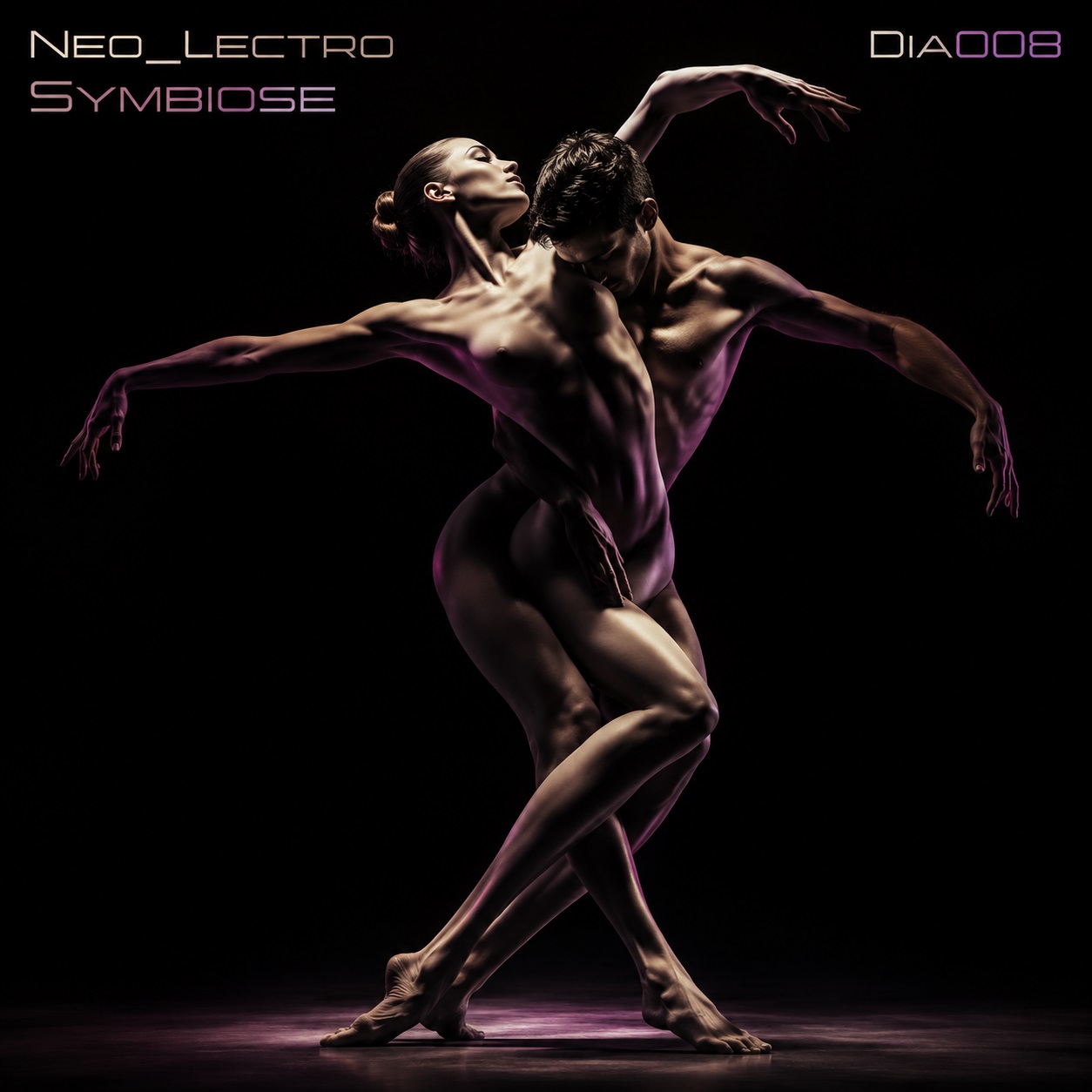 Künstlerisches Cover für Neo_Lectro – Symbiose mit zwei eng verschlungenen Contemporary-Dance-Figuren vor schwarzem Hintergrund und dezenter magenta-violetter Beleuchtung.