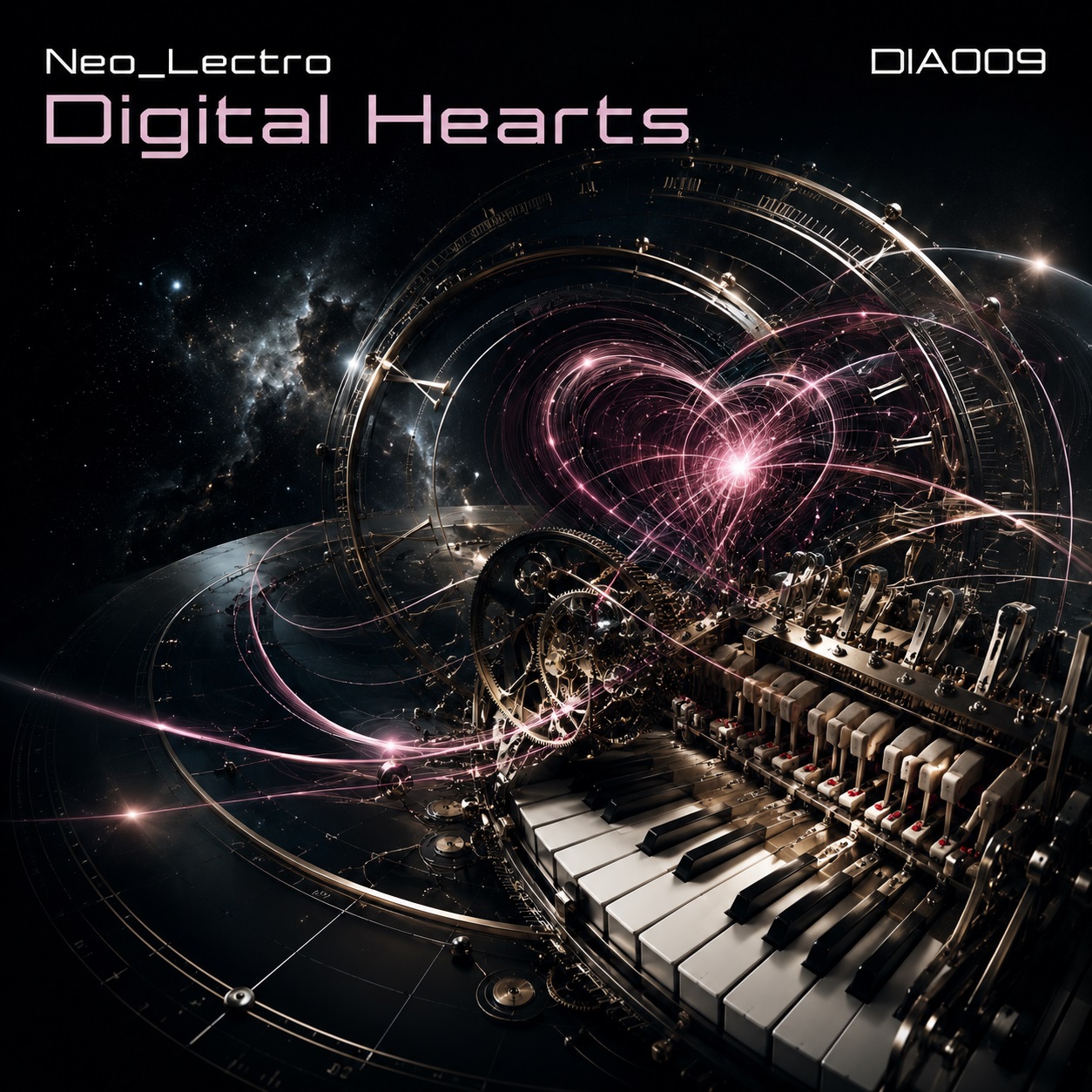 Futuristisches Cover für Neo_Lectro – Digital Hearts mit mechanischem Klavier, kosmischem Hintergrund, Uhrwerkstrukturen und leuchtender Herzenergie.