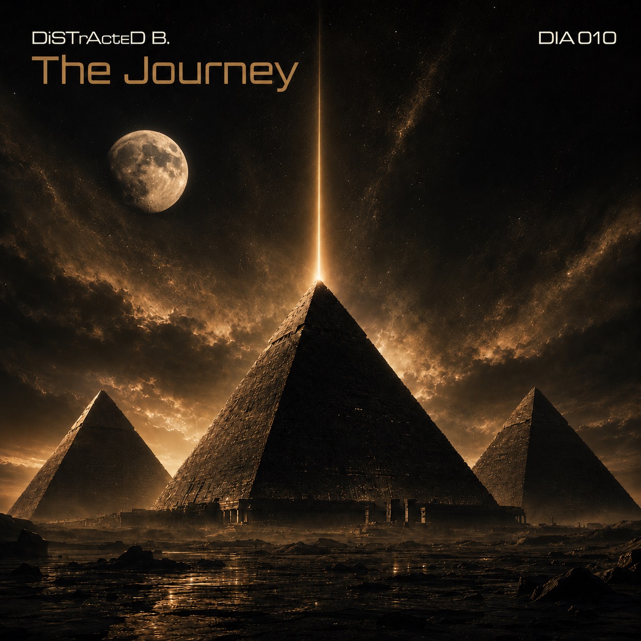 Dunkles monumentales Cover für DiSTrActeD B. – The Journey mit drei Pyramiden, goldenem Lichtstrahl, dramatischem Himmel und realistischem Mond.