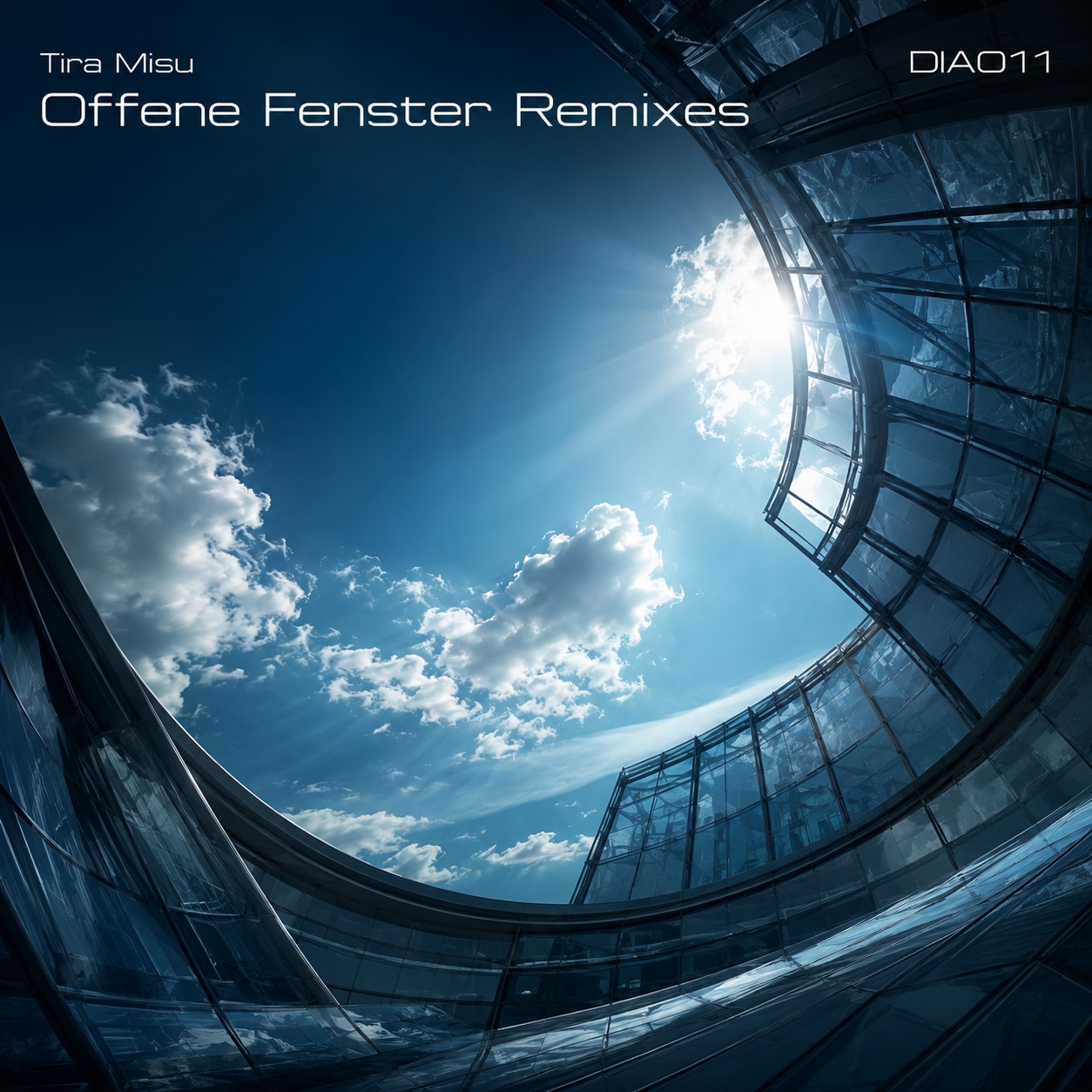 Futuristisches Cover für Tira Misu – Offene Fenster Remixes mit gläserner Kuppel, großer Dachöffnung, blauem Himmel, Wolken und einfallendem Sonnenlicht.