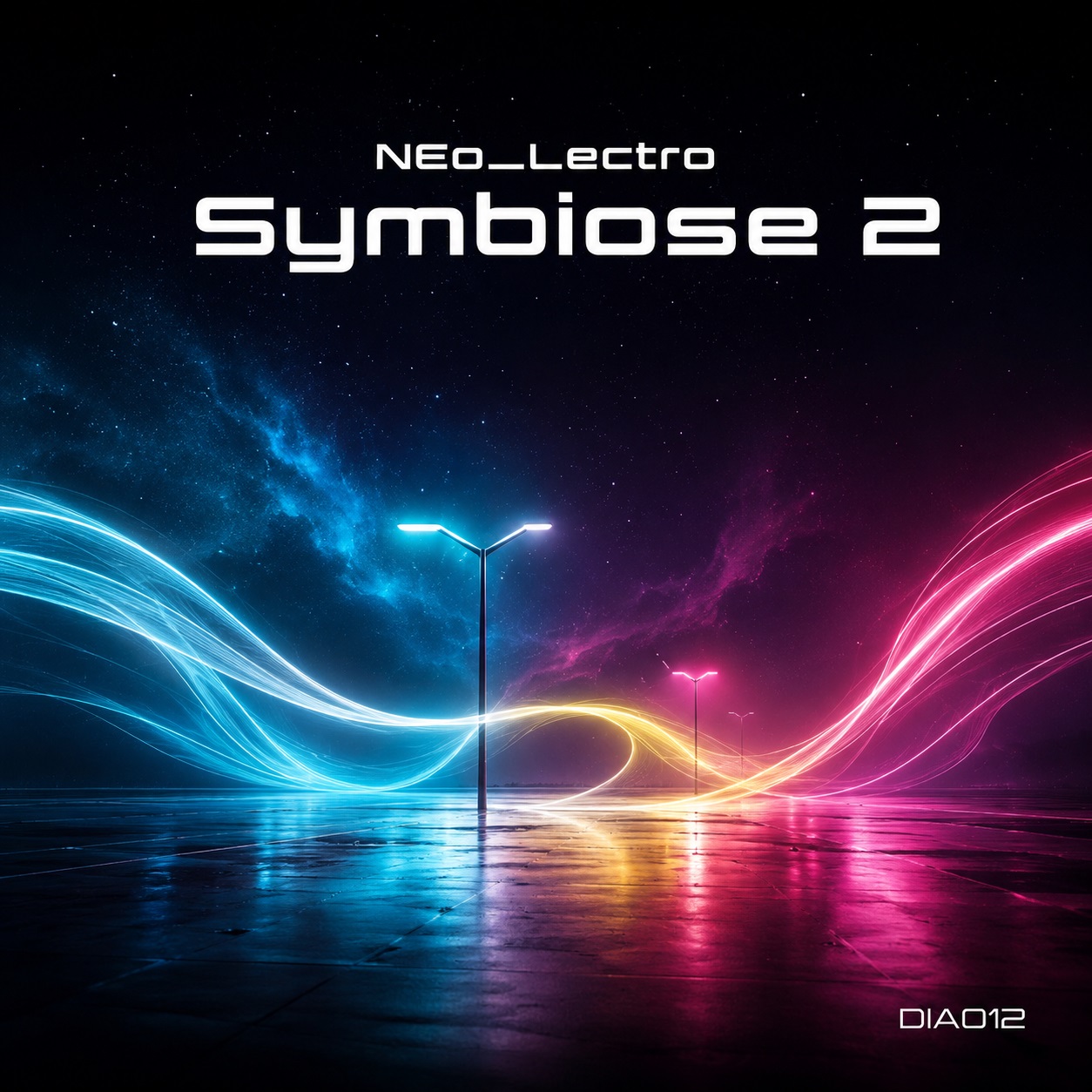 Futuristisches Cover für Neo_Lectro – Symbiose 2 mit cyanfarbenen, magentafarbenen und gelben Lichtströmen über einer dunklen spiegelnden Fläche unter einem Sternenhimmel.