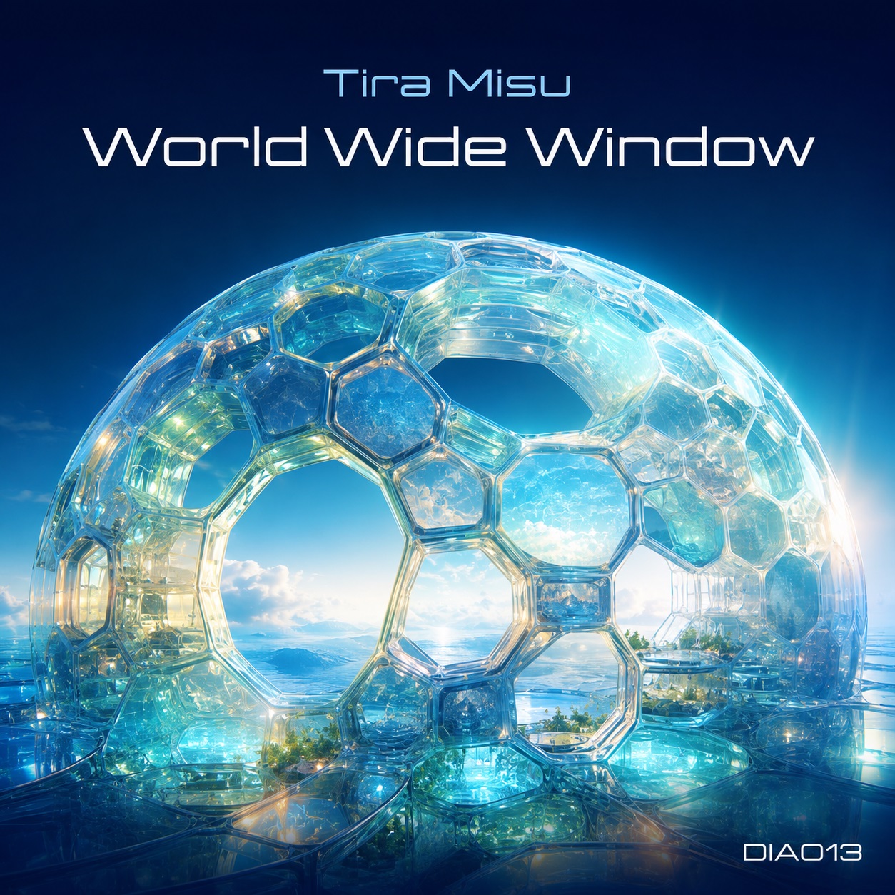 Futuristisches Cover für Tira Misu – World Wide Window mit einer transparenten Kugel aus gläsernen Waben, offenen Fenstern, blauem Himmel und hellen Cyan-Reflexionen.