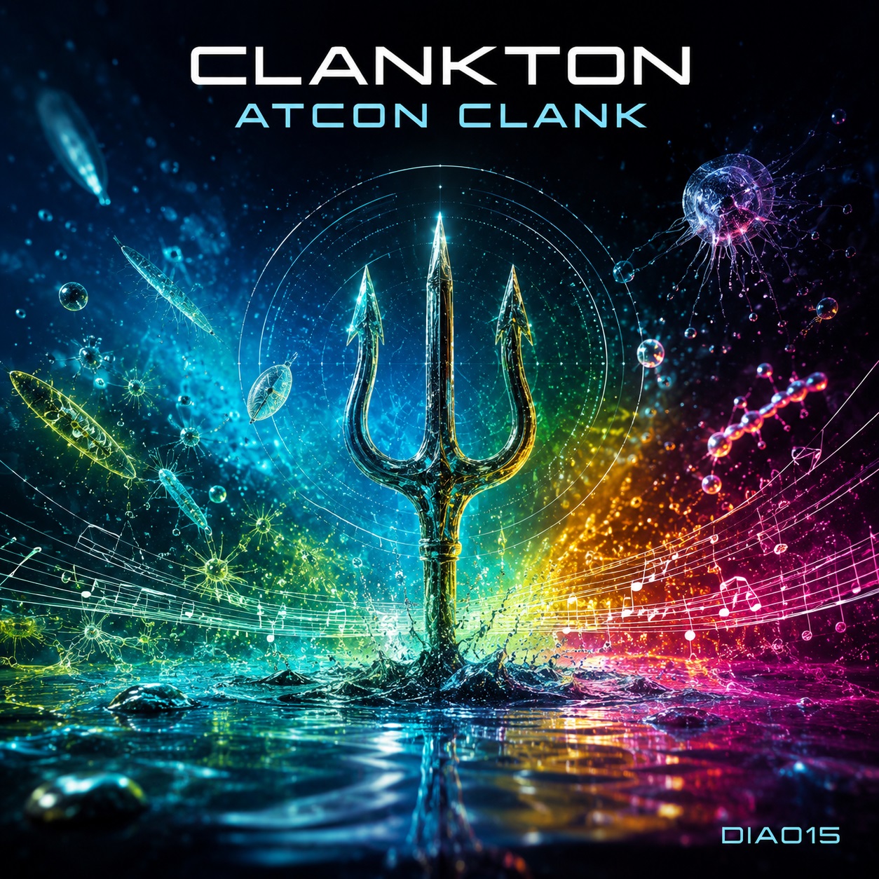 Farbenfrohes futuristisches Cover für Atcon Clank – Clankton mit metallischem Dreizack, leuchtendem Plankton, Melodiespuren und reflektierendem Wasser in Cyan, Eisblau, Grün, Gelb und Magenta.