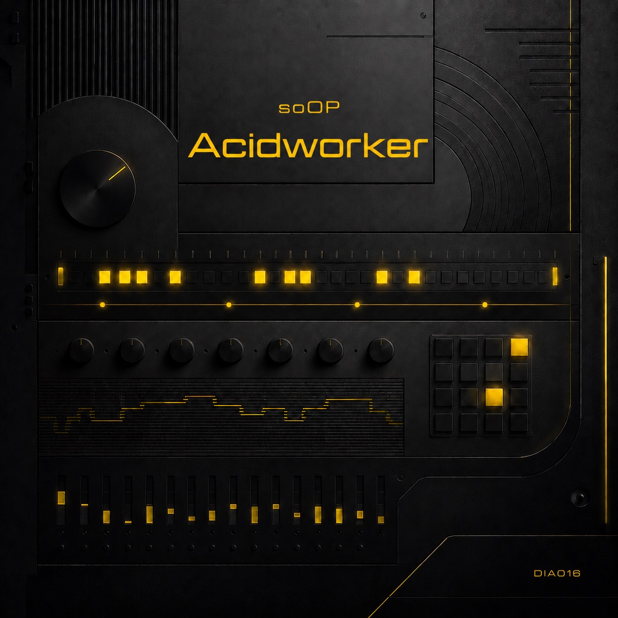 Minimalistisches schwarz-gelbes Cover für soOP – Acidworker mit Step-Sequencer, Reglern, Fadern und leuchtenden Acid-Techno-Elementen.