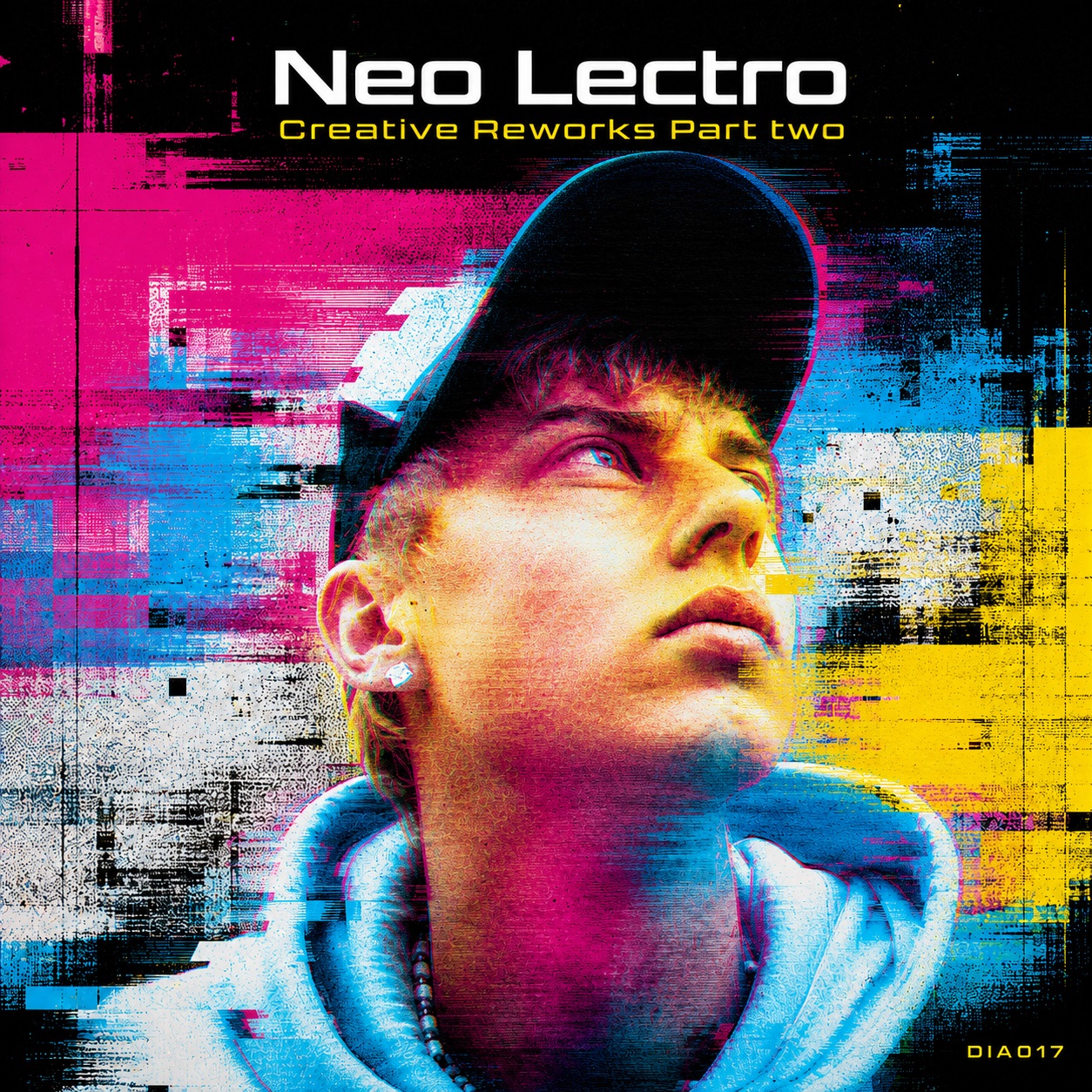 Glitch-Art-Cover für Neo Lectro – Creative Reworks Part two mit verfremdetem Porträt, CMYK-Farben, digitalen Störungen und futuristischer Typografie.