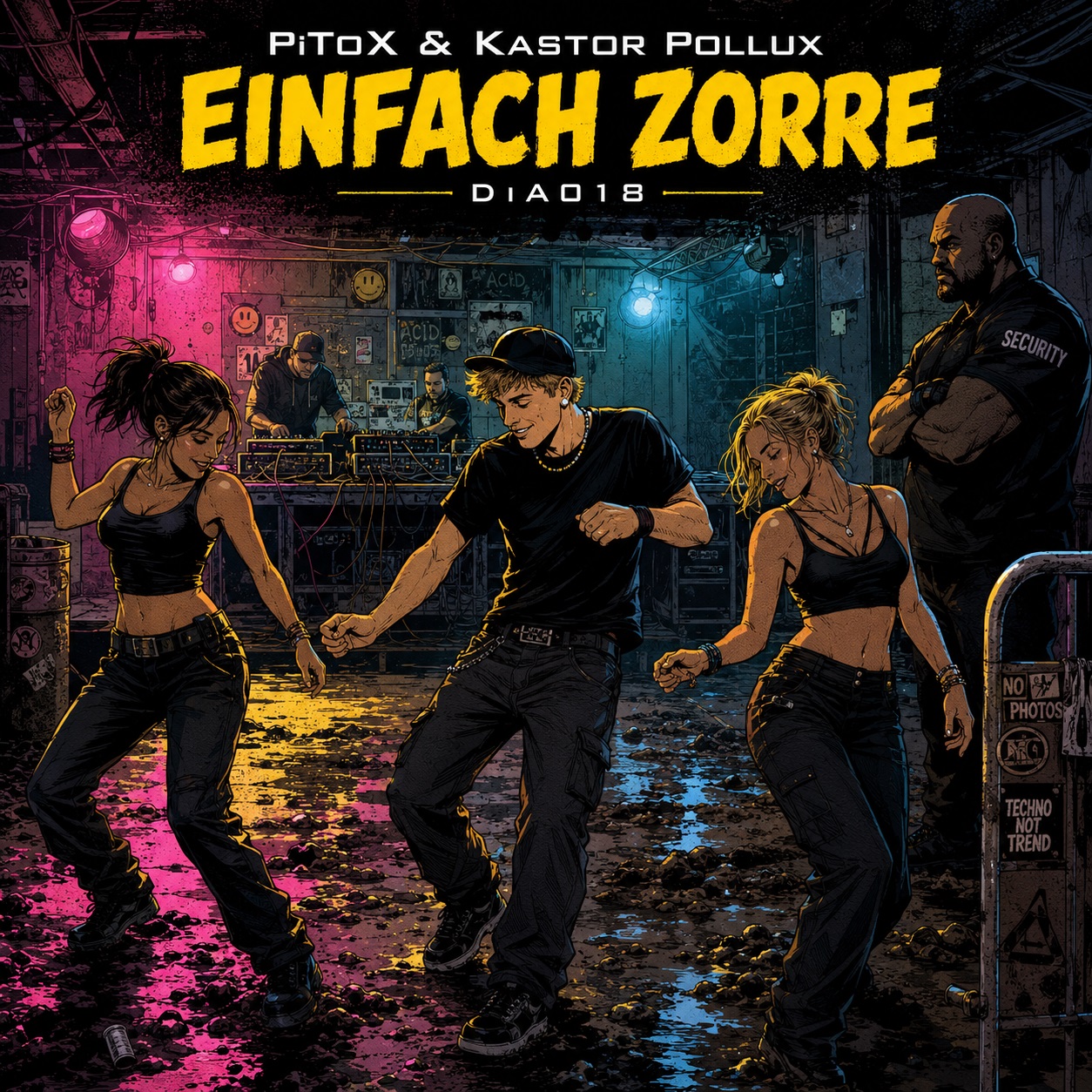 Comic-Cover für PiToX & Kastor Pollux – Einfach Zorre mit zwei Musikern an elektronischen Maschinen, drei Tänzern auf matschiger Techno-Tanzfläche und einem Security-Mann am Rand.