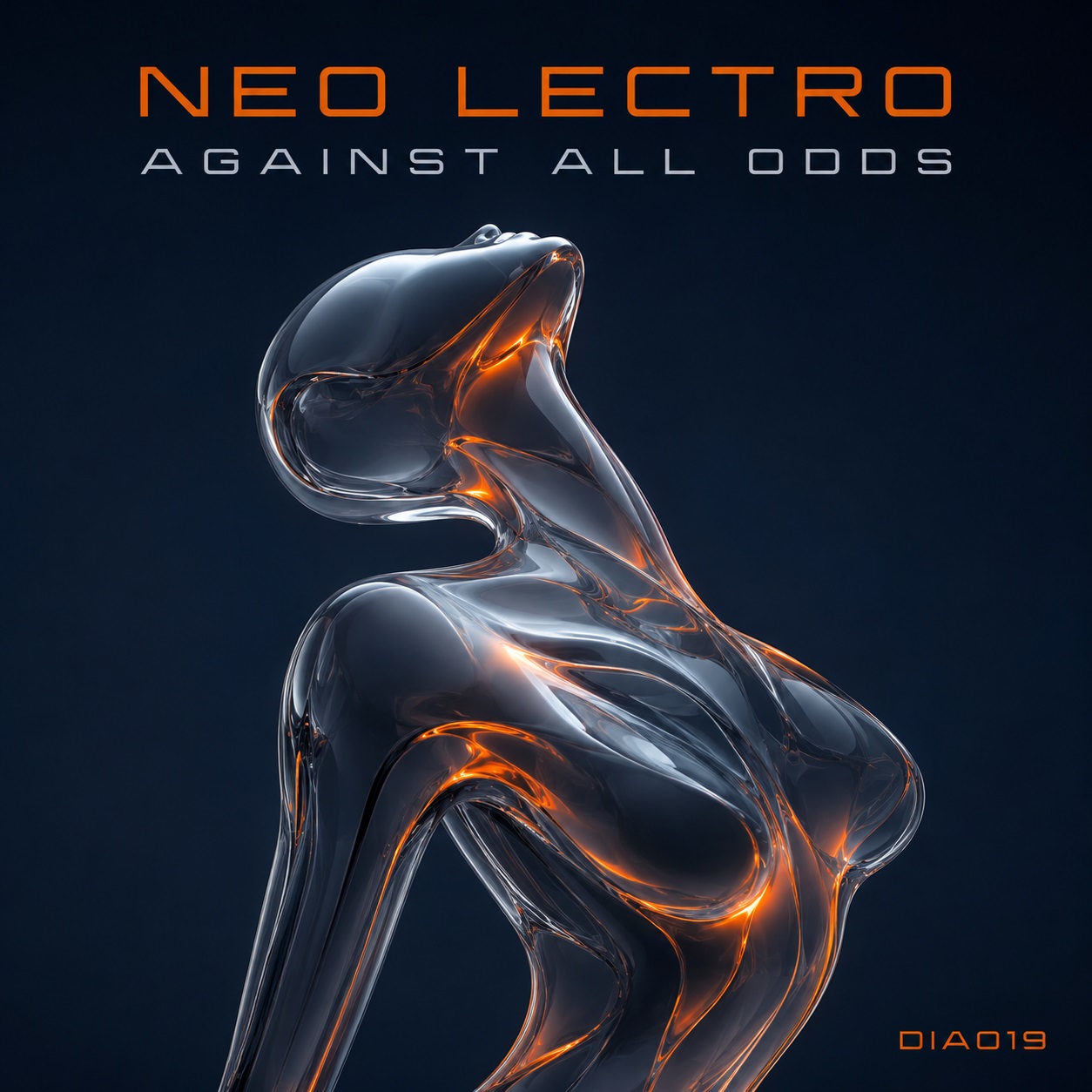 Abstraktes Cover für Neo Lectro – Against All Odds mit transparentem Glaskörper, orangefarbenen Lichtreflexen und dunkelblau-grauem Hintergrund.