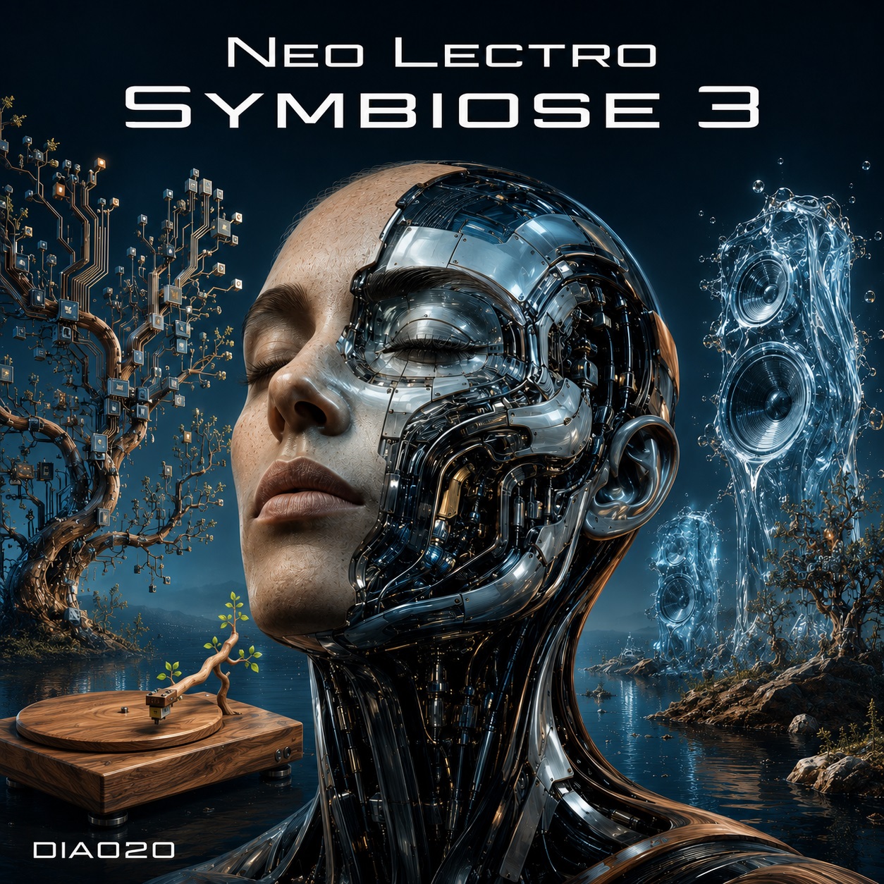 Futuristisches Cover für Neo Lectro – Symbiose 3 mit halb menschlichem Cyborg-Gesicht, elektronischen Bäumen, Wasserlautsprechern und hölzernem Turntable.