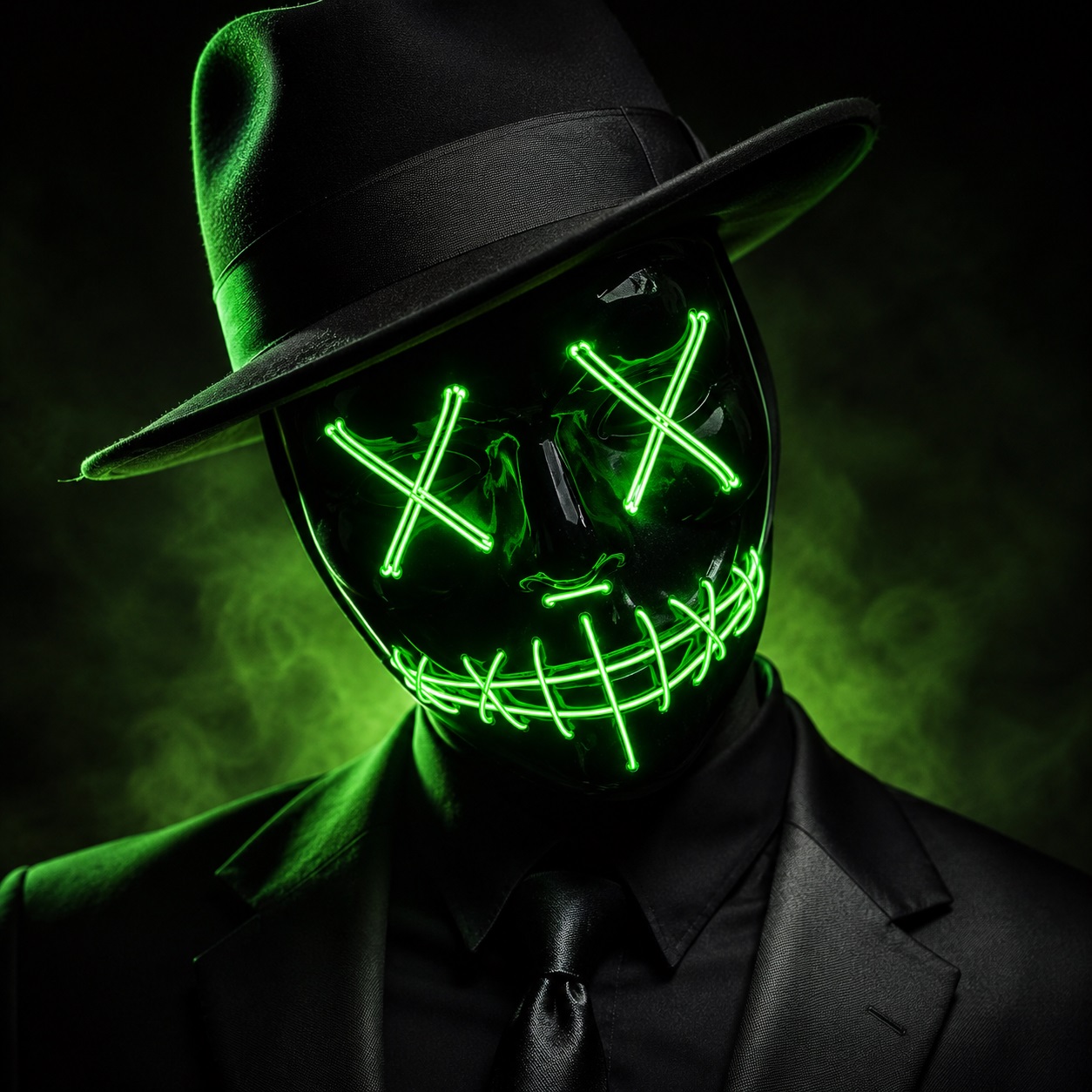 DJ DanZ mit schwarzem Hut, Anzug und grün leuchtender Maske für FM!booking