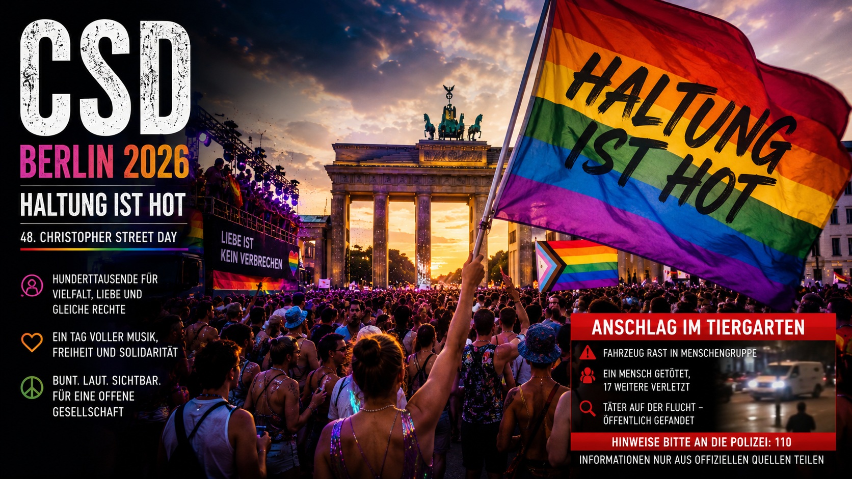CSD Berlin 2026 mit einer großen Menschenmenge, Regenbogenfahnen und dem Brandenburger Tor bei Sonnenuntergang