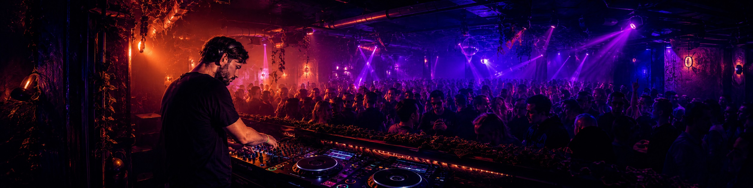 DJ vor einer großen tanzenden Menge in einem neonbeleuchteten Club