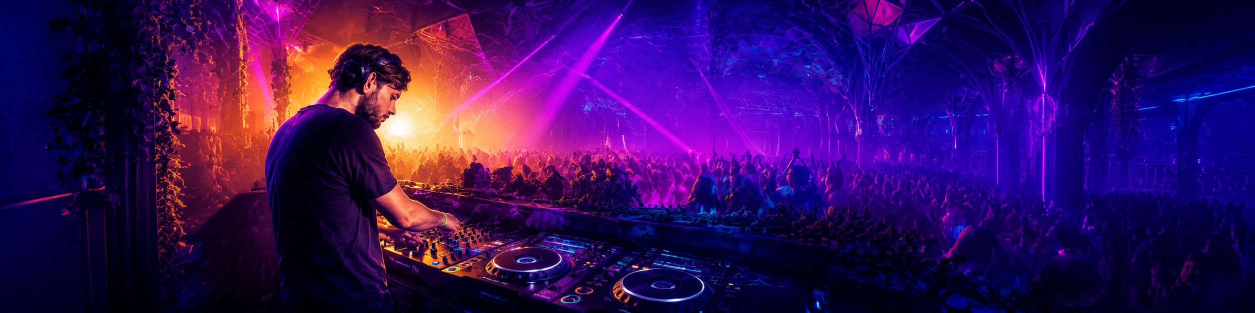 DJ vor einer großen tanzenden Menge in einem neonbeleuchteten Club