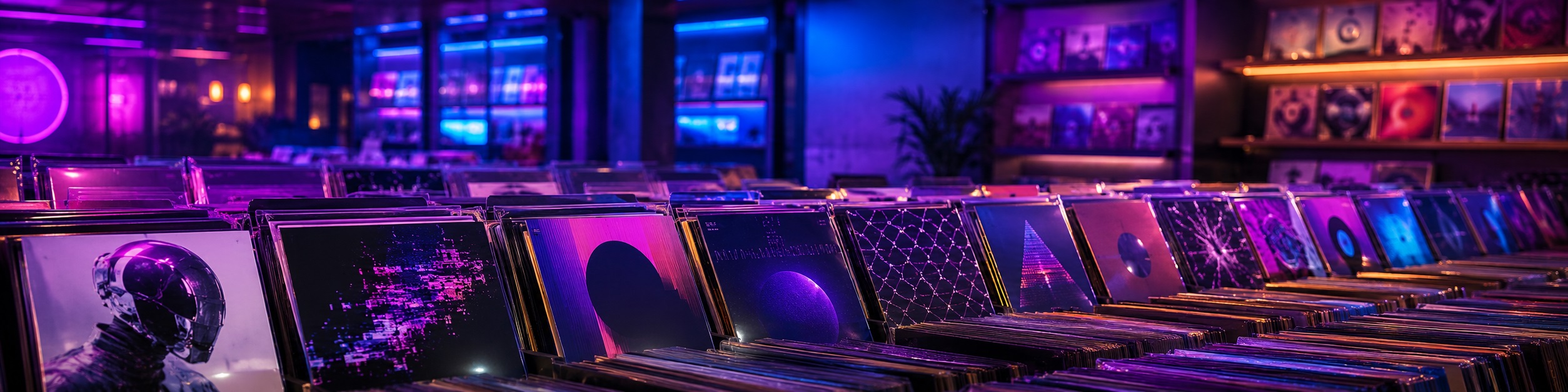 Vinylplatten und elektronische Musikveröffentlichungen im neonbeleuchteten Plattenladen