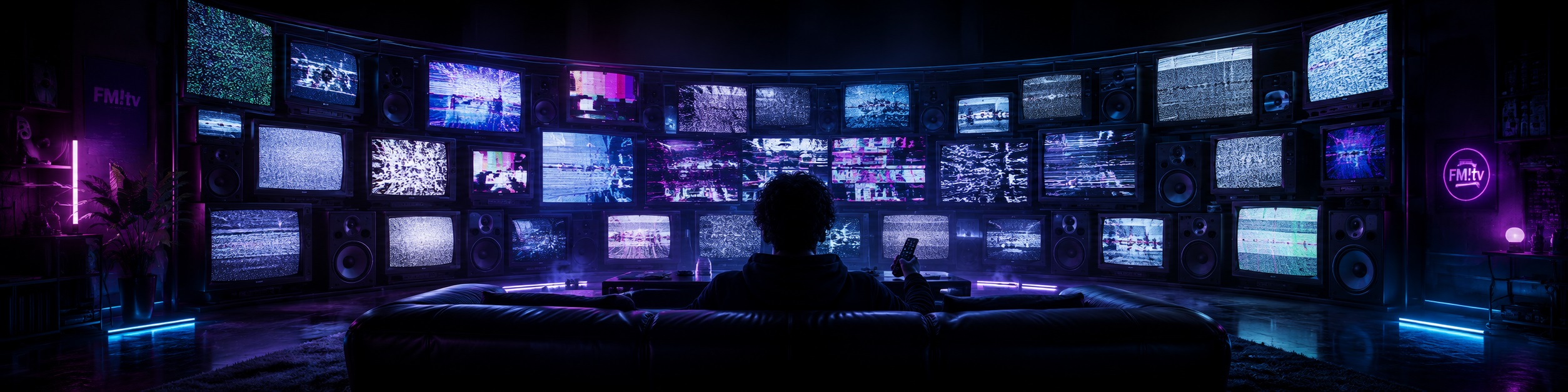 Person sitzt mit Fernbedienung auf einem Sofa vor einer gebogenen Wand aus Fernsehern, Monitoren und Lautsprechern mit Krisselbildern und Neonlicht.