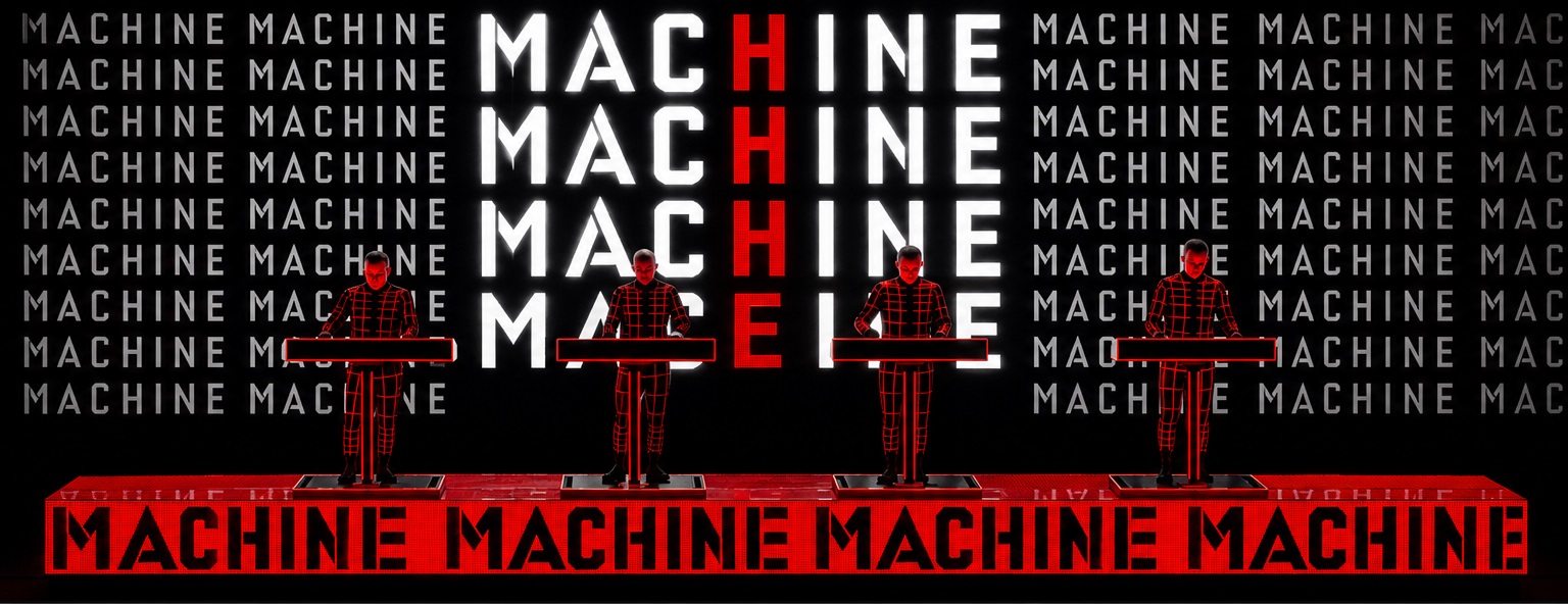 Kraftwerk bei einer Multimedia-Performance in rotem Licht mit dem Schriftzug Maschine im Hintergrund