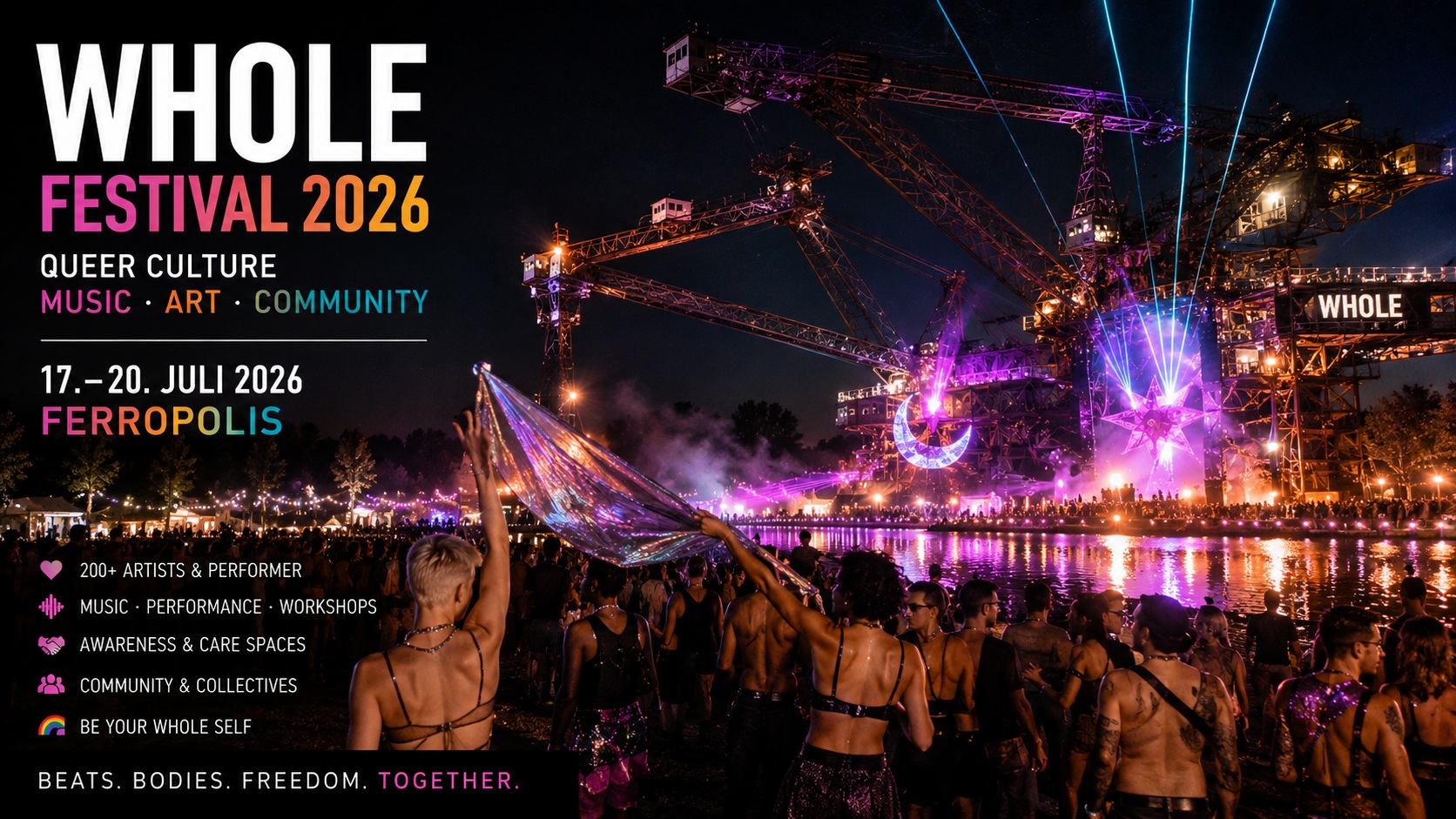 WHOLE Festival 2026 in Ferropolis mit beleuchteten Tagebaubaggern, Lasern, Wasserreflexionen und einer vielfältigen queeren Festivalmenge