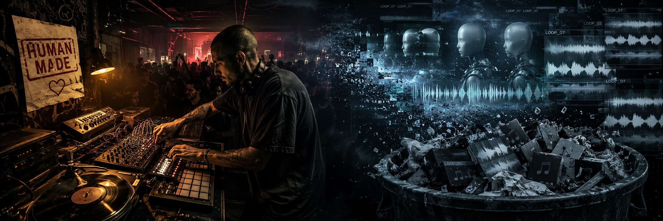 Breites Editorial-Wallpaper mit menschlichem Produzenten im Clubstudio auf der linken Seite und generierter KI-Musik mit künstlichen Figuren, Waveforms und digitalem Datenmüll auf der rechten Seite