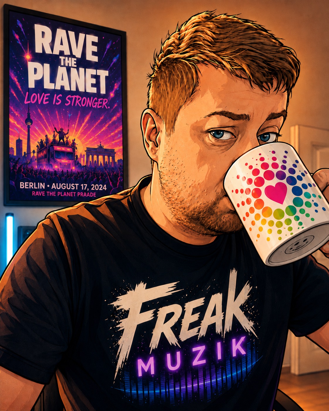 Illustration eines Mannes (Neo Lectro) mit Freak Muzik Shirt und bunter Rave Tasse vor einem Rave the Planet Plakat zur Parade am 17. August 2024.