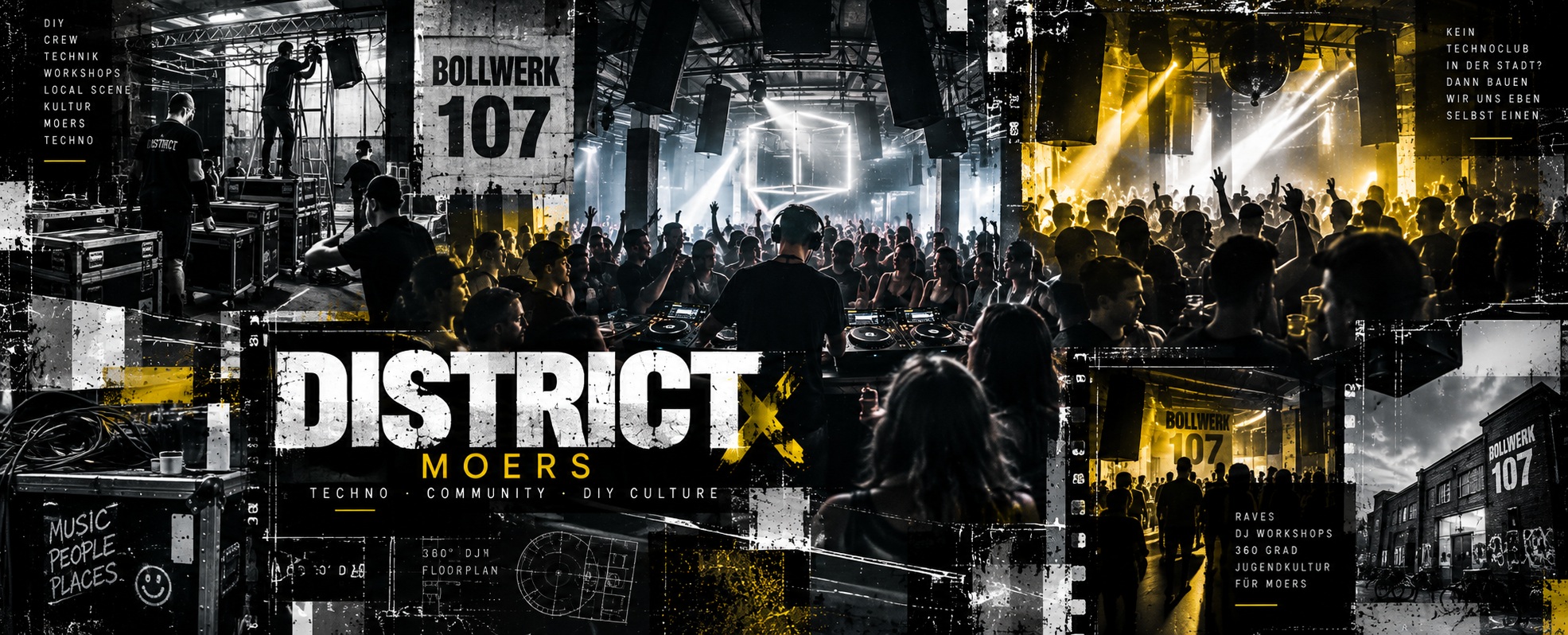 FM!network Artwork zu District Moers mit 360-Grad-DJ-Booth, Clubcrew, Technik und Techno-Crowd im Bollwerk 107